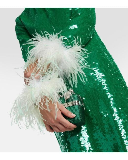 Self-Portrait Green Sequined Feather-Trimmed Gown