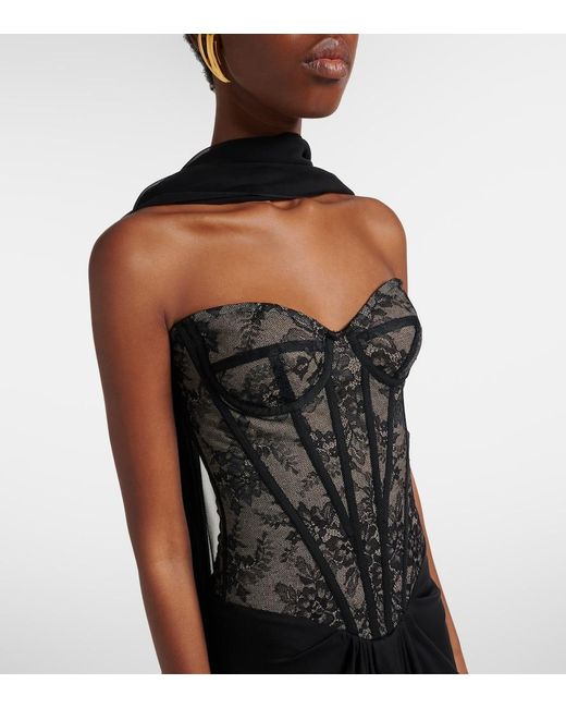 Monique Lhuillier Black Scarf-Detail Draped Lace Gown
