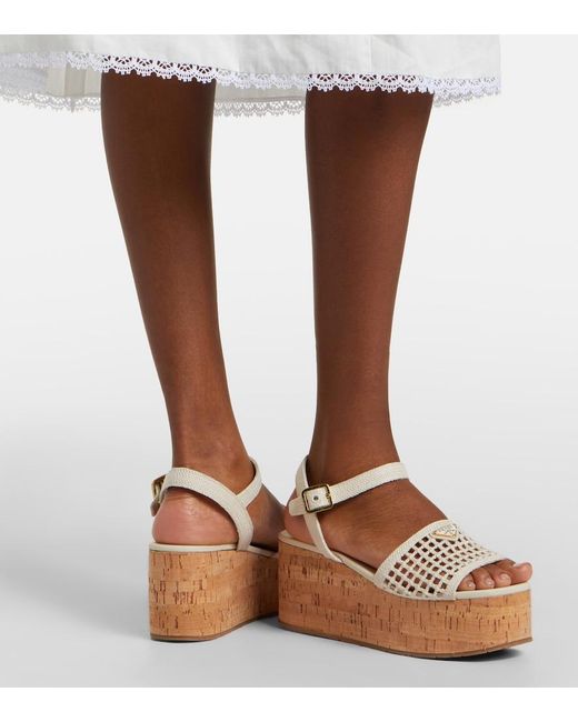 Prada Natural Crochet Wedge Sandals