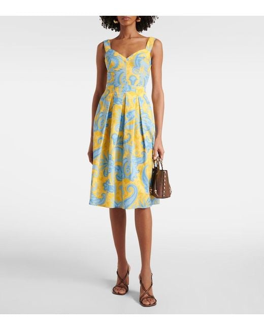 Etro Yellow Paisley Pleated Cotton Midi Dress