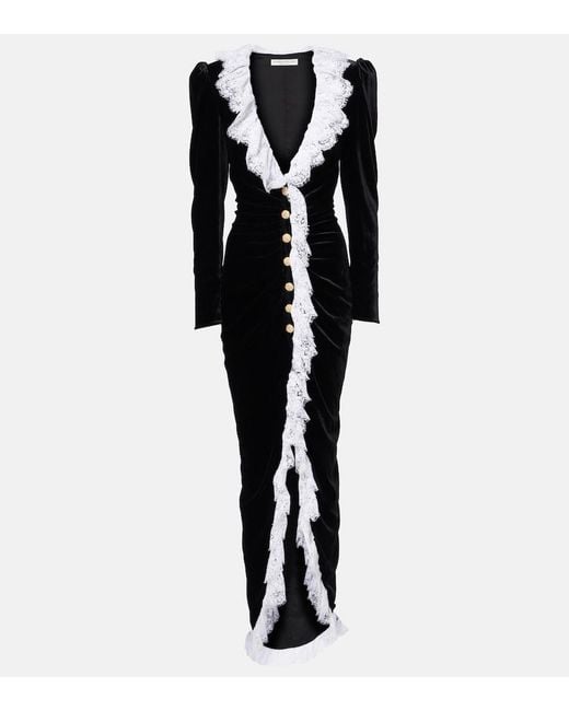 Alessandra Rich Black Lace-Trimmed Velvet Maxi Dress