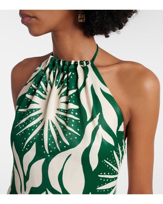 Cala De La Cruz Green Acasia Beaded Printed Halterneck Maxi Dress