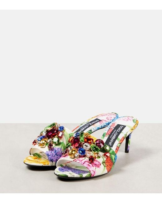 Dolce & Gabbana White Kiera Floral Embellished Brocade Mules