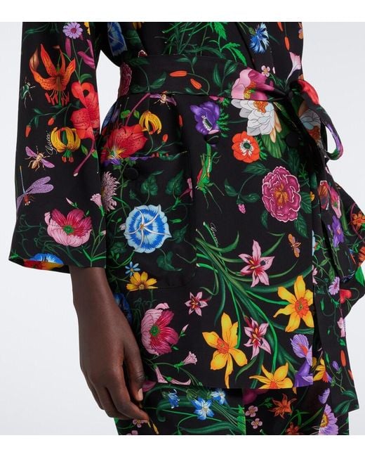 Gucci Blue Flora Belted Silk Crepe De Chine Shirt