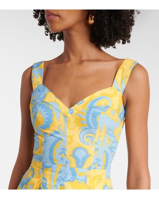 Etro Yellow Paisley Pleated Cotton Midi Dress