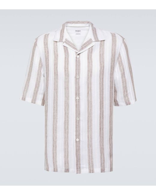 Brunello Cucinelli White Striped Linen Shirt for men