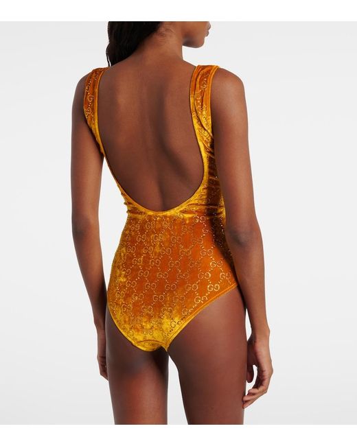 Gucci Orange Gg Embellished Velvet Bodysuit