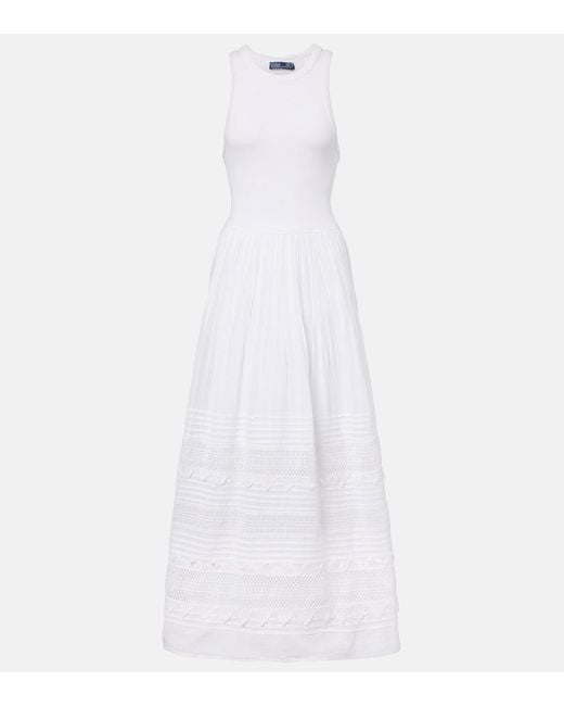 Polo Ralph Lauren White Lace-Trimmed Cotton-Blend Maxi Dress