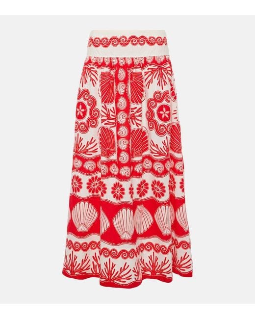 Farm Rio Red Ainika Shell Linen-Blend Maxi Skirt