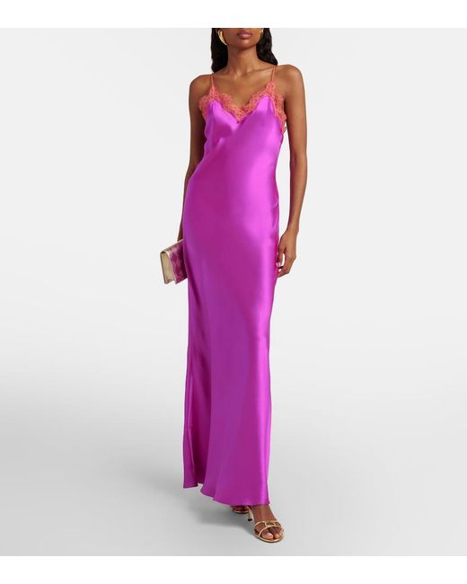 Roberto Cavalli Purple Lace-Trimmed Silk Slip Dress
