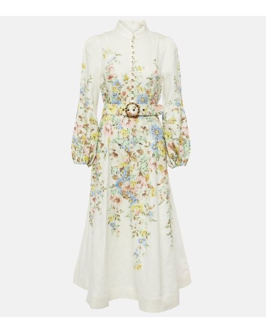 Zimmermann White Floral-print Puffed-sleeve Linen Midi Dres