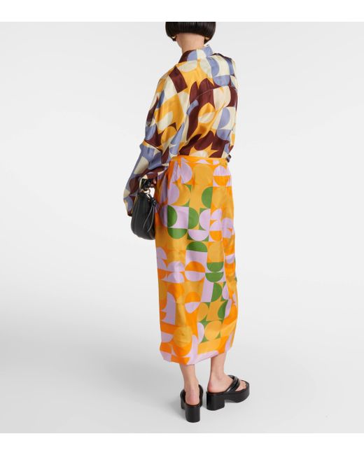 Dries Van Noten Orange Printed Silk Satin Maxi Skirt
