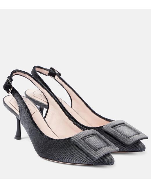 Roger Vivier Black Fringed Denim Slingback Pumps