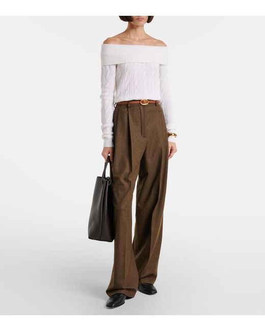 Ralph Lauren White Cable-Knit Off-Shoulder Cashmere Sweater