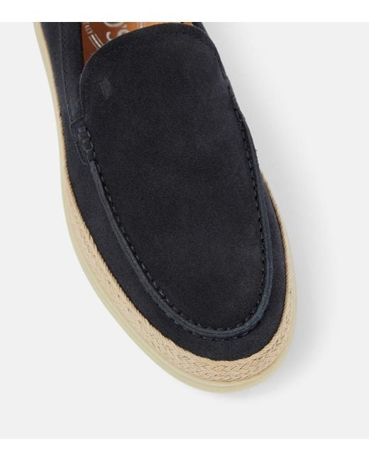 Tod's Blue Raffia-trimmed Suede Loafers