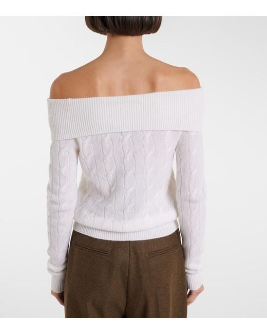 Ralph Lauren White Cable-Knit Off-Shoulder Cashmere Sweater