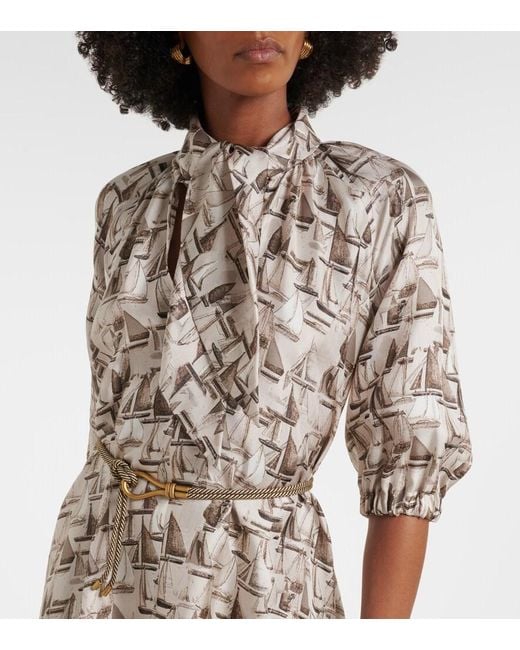 Max Mara White Printed Tie-Neck Silk Twill Midi Dress