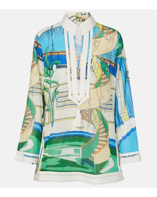 Tory Burch Blue Printed Cotton Voile Tunic