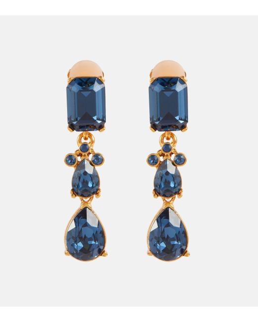 Oscar de la Renta Blue Embellished Clip-on Drop Earrings