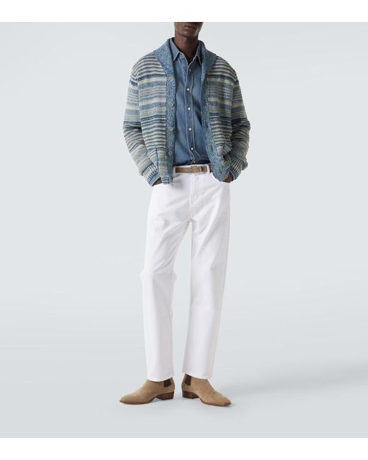 RRL Blue Striped Cotton And Linen Cardigan for men