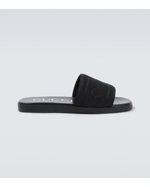 Gucci Black Logo Canvas And Leather Slides for men