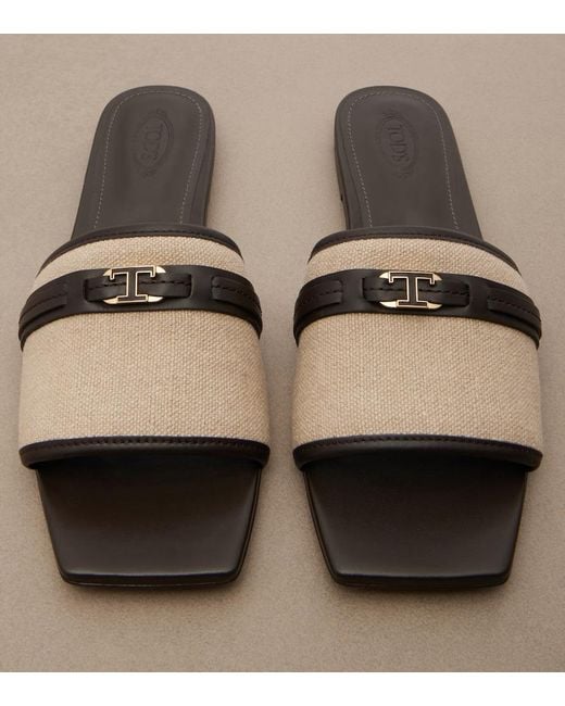 Tod's Brown Leather-Trimmed Raffia Slides