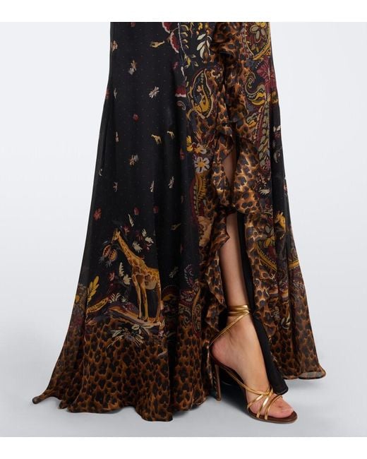 Etro Black Printed Ruched Silk Maxi Dress