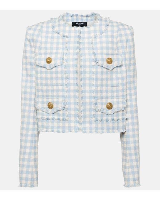 Balmain Blue Checked Cotton-blend Tweed Jacket