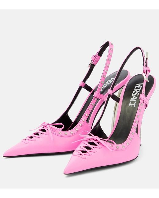 Versace Pink Laced Leather Slingback Pumps