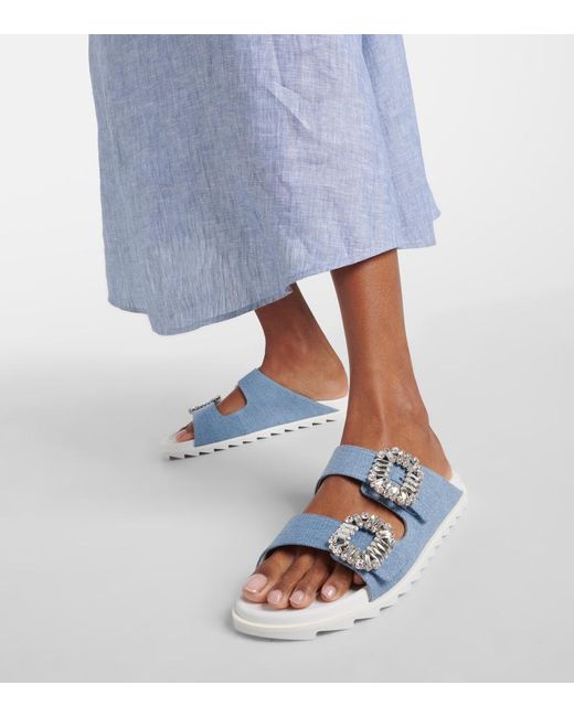 Roger Vivier Blue Slidy Viv' Embellished Denim Sandals