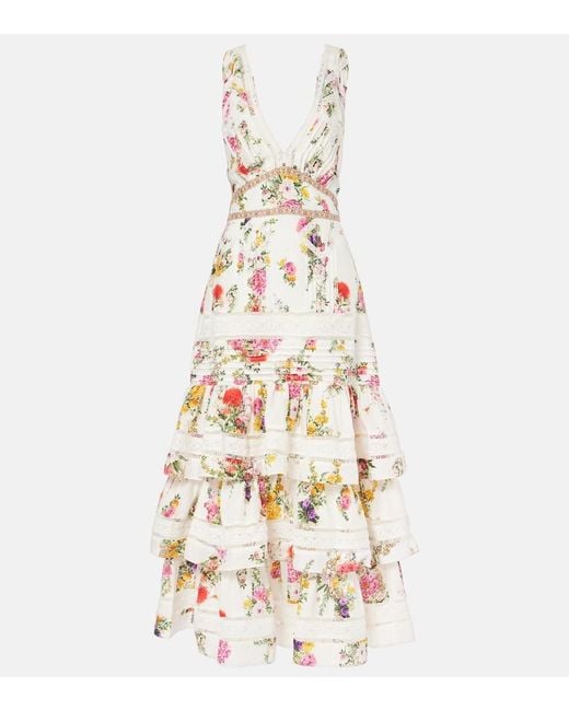 Camilla White Floral Tiered Cotton And Silk Maxi Dress