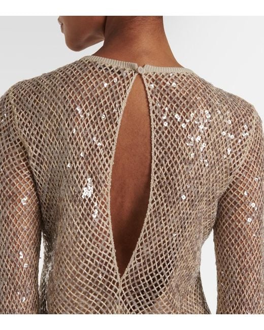 Brunello Cucinelli Natural Paillette Net Knit Long-Sleeve Maxi Dress