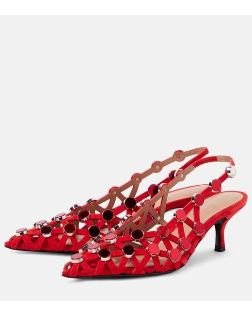 The Attico Red Grid 50 Embellished Leather Slingback Pumps
