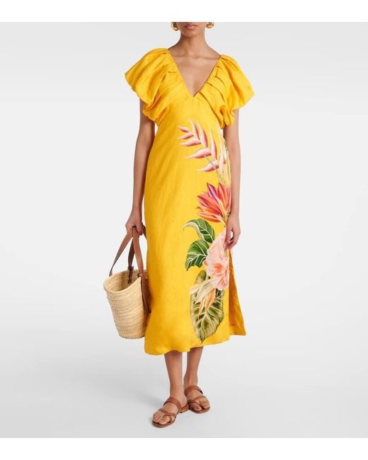 Farm Rio Yellow Spring Awakening Floral Linen Midi Dress