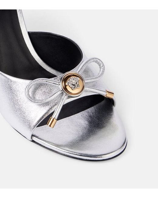 Versace White Opera Bow 85 Metallic Leather Mules