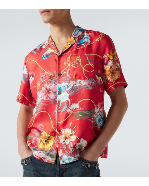 Gucci Red Floral Silk Twill Bowling Shirt for men