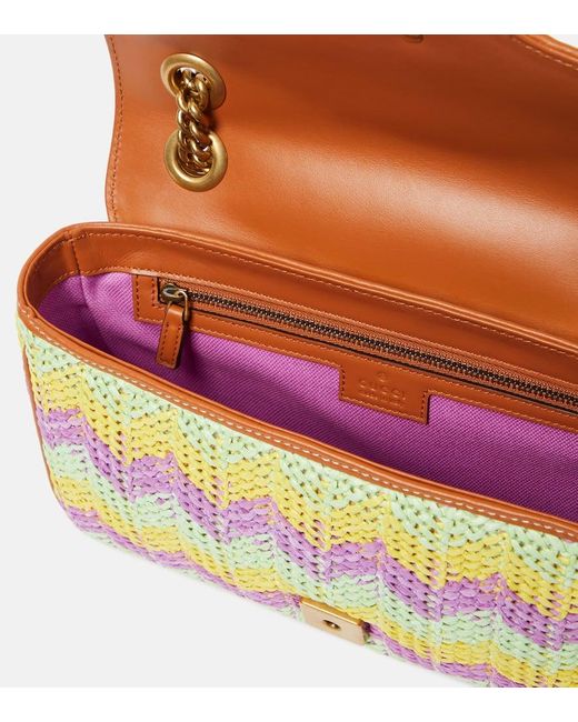 Gucci Multicolor GG Marmont Small Raffia Shoulder Bag