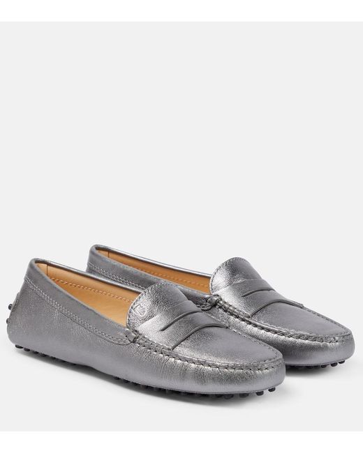 Tod's Gray Metallic Leather Moccasins