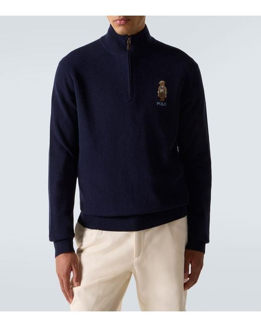 Polo Ralph Lauren Blue Polo Bear Wool Half-Zip Sweater for men