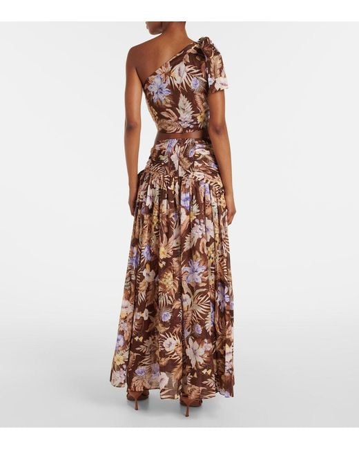 Zimmermann Brown Coco Floral One-Shoulder Cotton Top