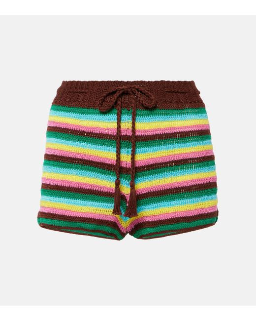 Anna Kosturova Green Striped Crochet Cotton Shorts