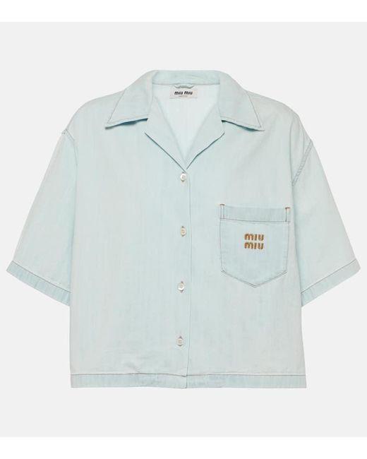 Camisa cropped de denim con logo Miu Miu de color Blue