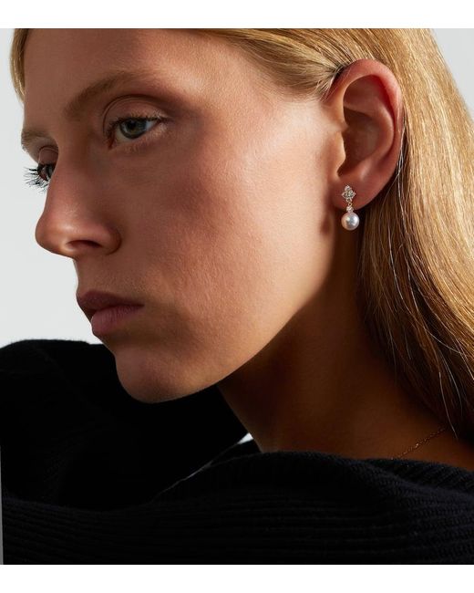 Mikimoto White 18Kt Drop Earrings With Pearls And Diamonds