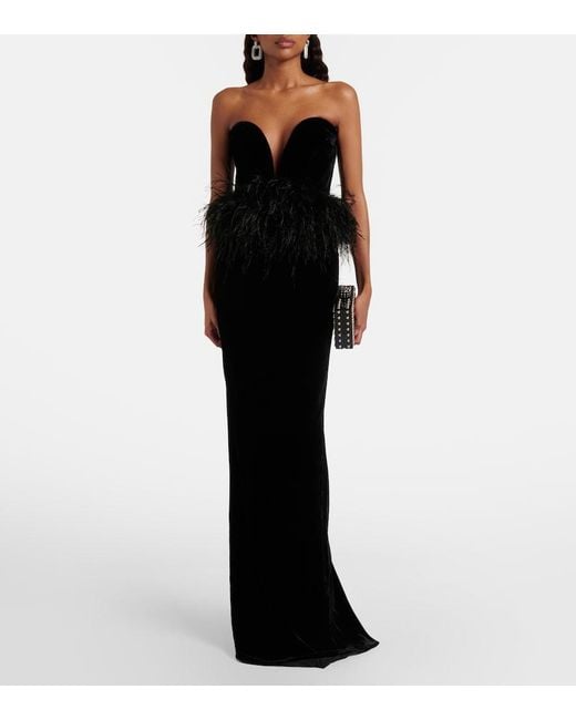 The New Arrivals Ilkyaz Ozel Black Feather-Trimmed Strapless Velvet Gown