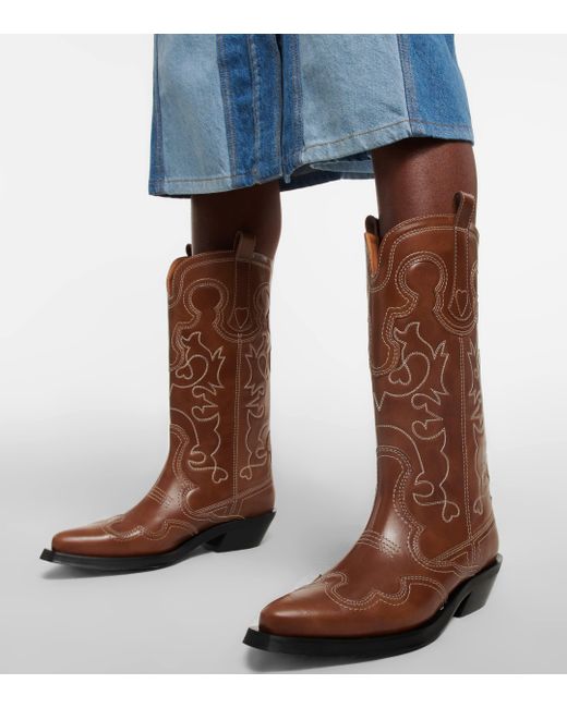 Ganni Brown Embroidered Leather Western Boots