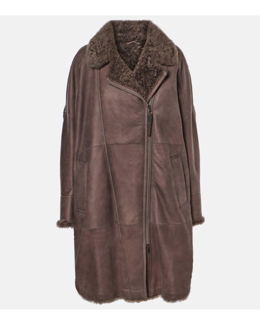 Brunello Cucinelli Brown Shearling-Lined Leather Coat