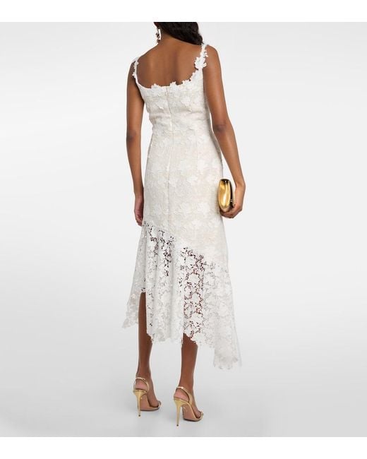 Oscar de la Renta White Floral Lace-Trimmed Tweed Midi Dress