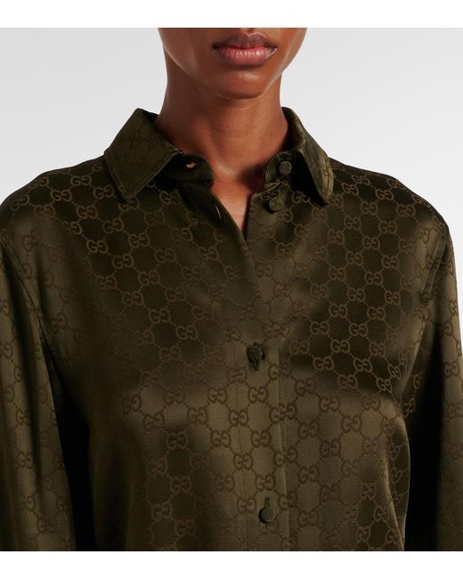 Gucci Green Gg Belted Satin Jacquard Shirt Dress