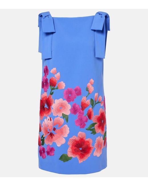Carolina Herrera Blue Floral Embroidered Crepe Minidress