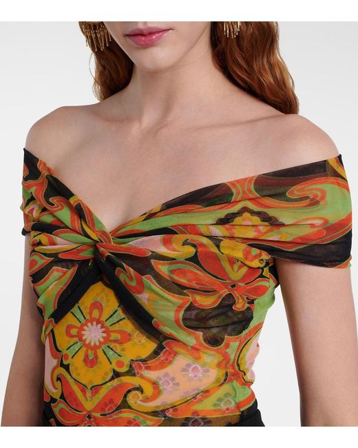 Etro Yellow Printed Off-Shoulder Bodysuit